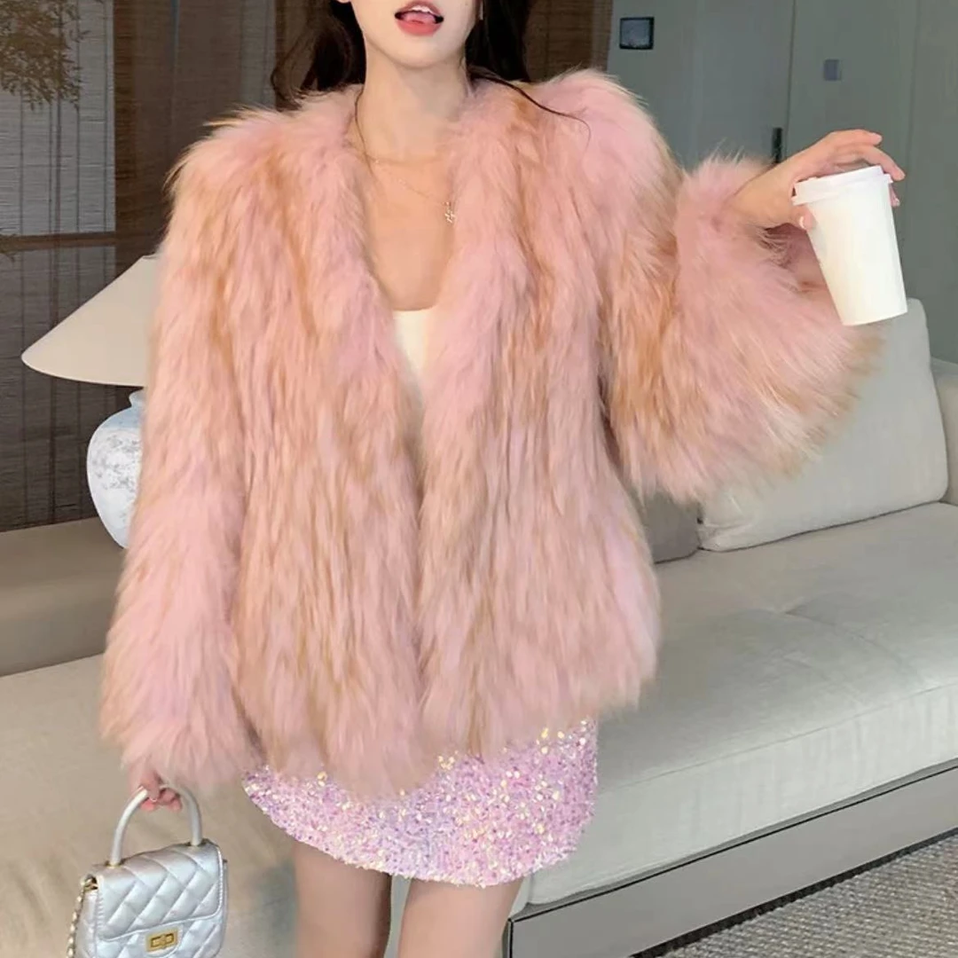 【TD专属】2024新款冬季中长款毛领气质网红轻奢女士编织短外套