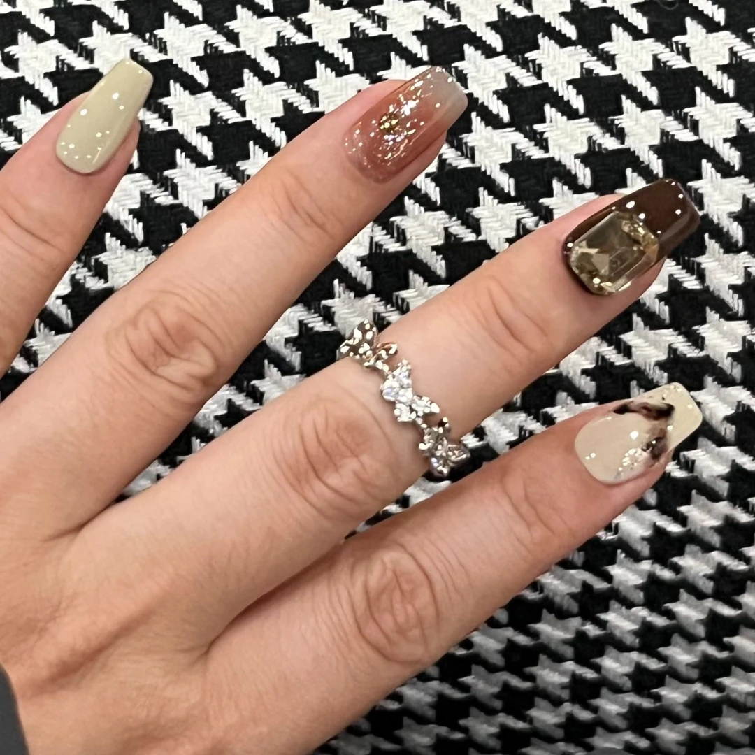 C197 落叶之秋奶茶纯手工定制穿戴甲可拆卸成品甲片指甲贴