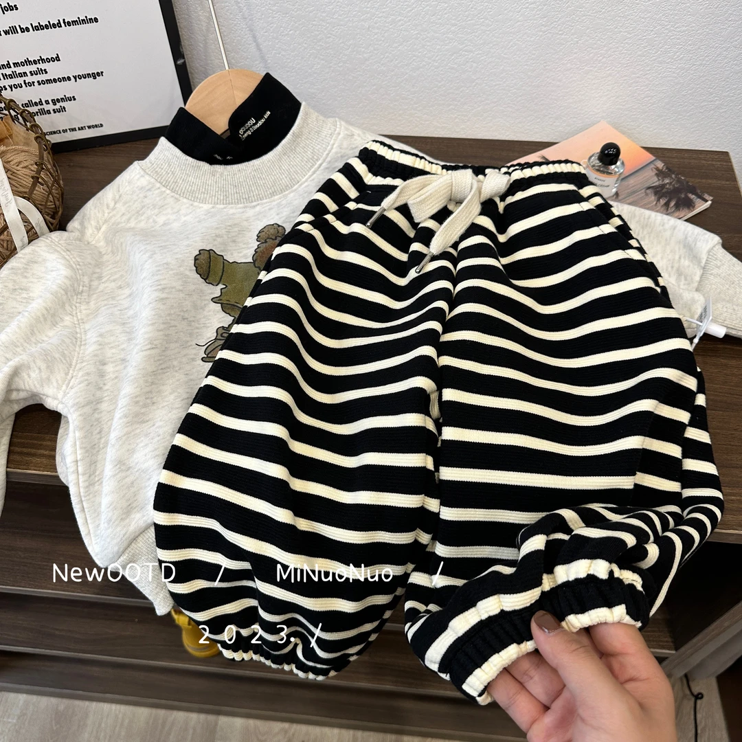 【小黎家】2023儿童洋气男童休闲裤条纹韩版百搭宽松条纹加绒D23004
