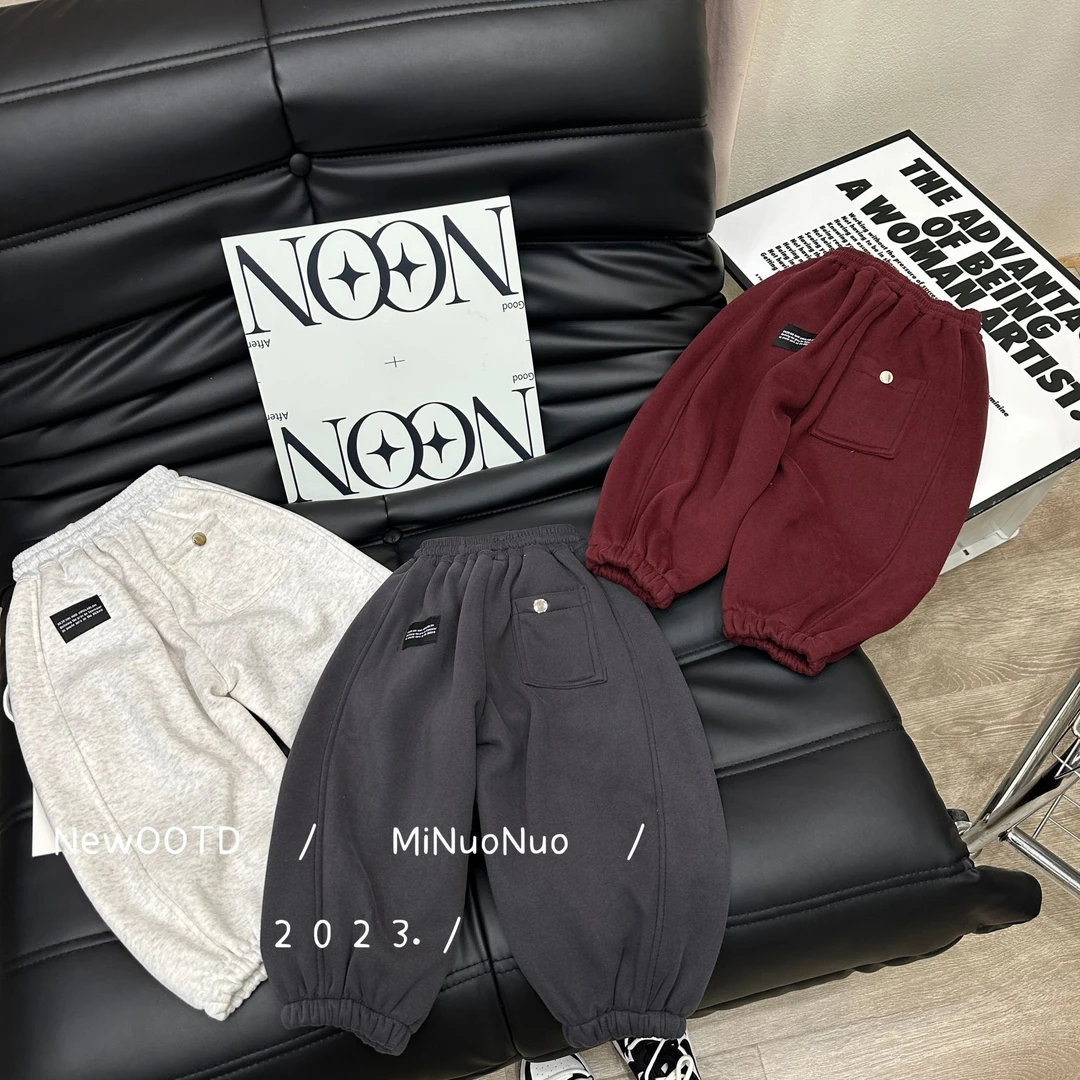 【小黎家】2023冬季新款男女童纯色加绒卫裤韩版运动裤子潮HDM3023