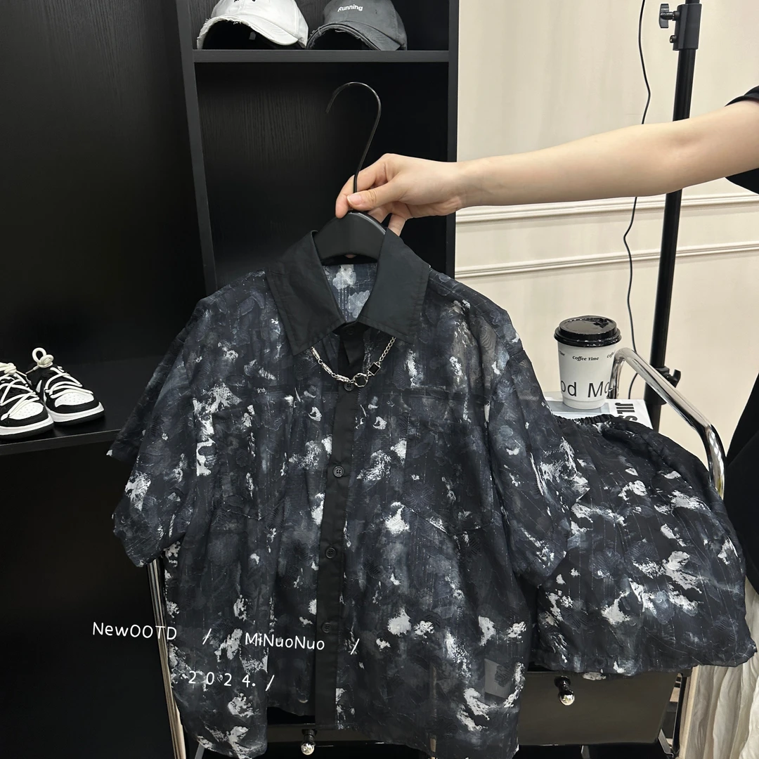 2024新款男童韩系风高街衬衫套装韩版时尚夏装潮流复古衬衣CC0656