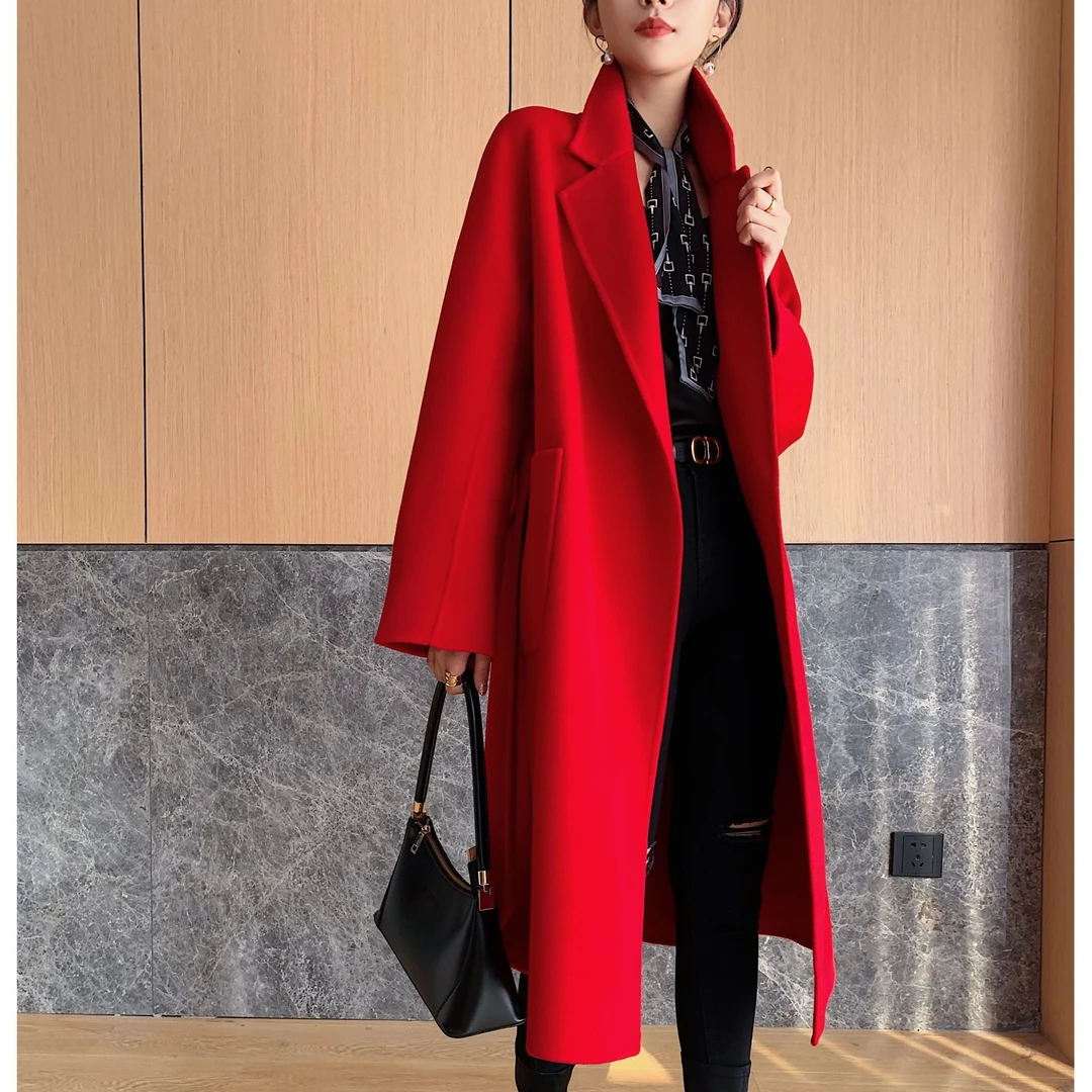 2024年秋冬双面羊绒大衣女外套中长款宽松毛呢过膝慵懒浴袍