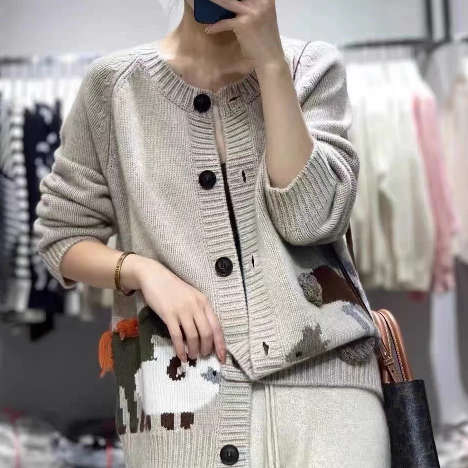 重工手绣山羊绒圆领高级设计感动物园加厚宽松针织开衫外套