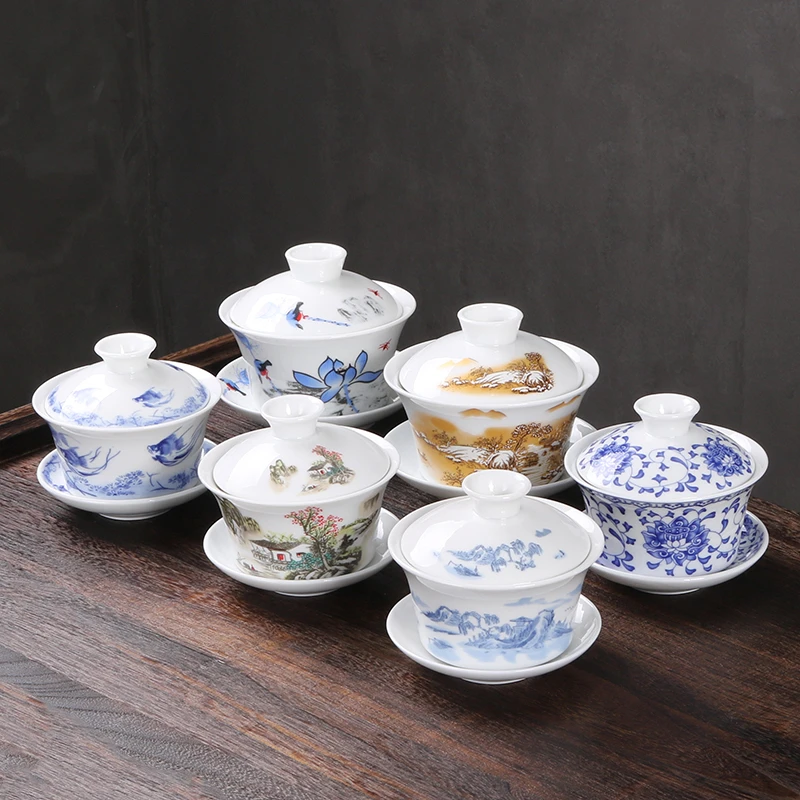 大号盖碗茶杯三才碗茶具套装茶碗带盖青花瓷单个功夫泡茶陶瓷茶盏