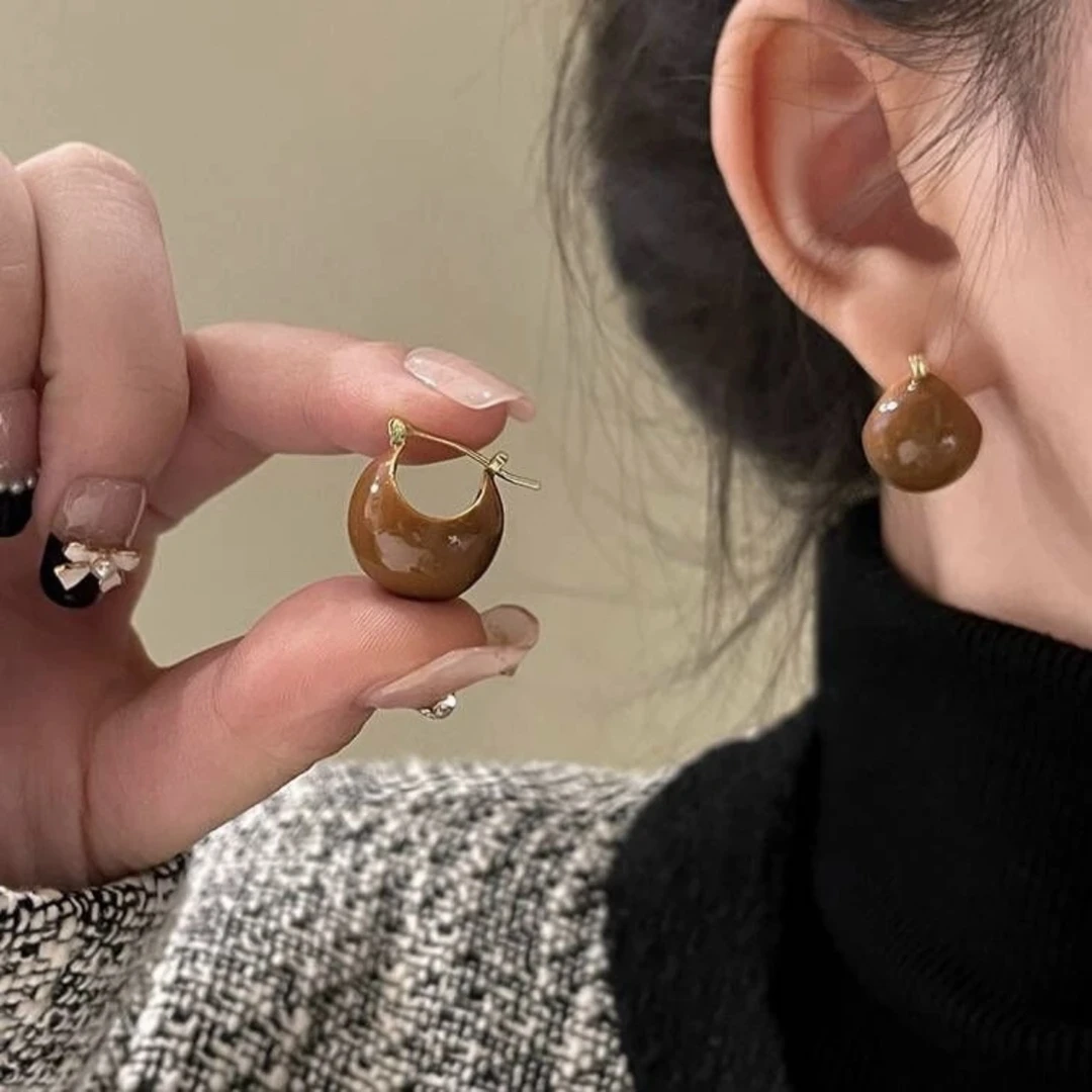 铜合金耳饰 焦糖色气质圆形滴釉耳环耳扣潮秋冬高级感耳钉E907