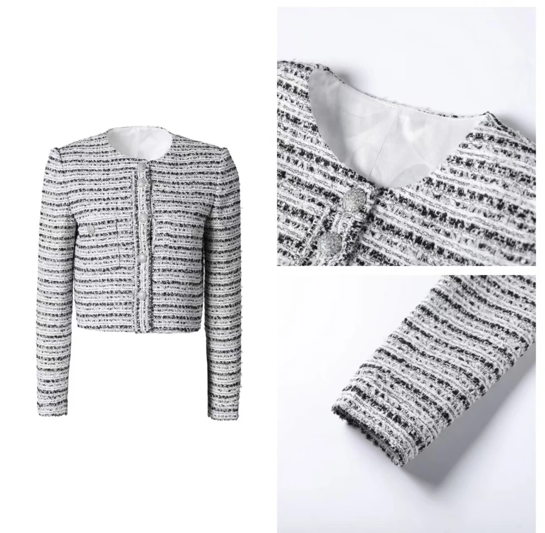 法式黑白气质条纹圆领编织宽松名媛短款外套MEJ2402-WT02(0034)