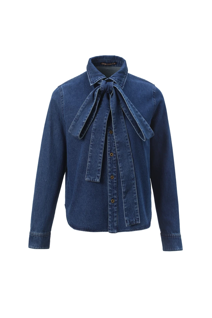 港味复古蝴蝶结百搭飘带长袖牛仔气质休闲衬衣M1024-CS79 (0053)