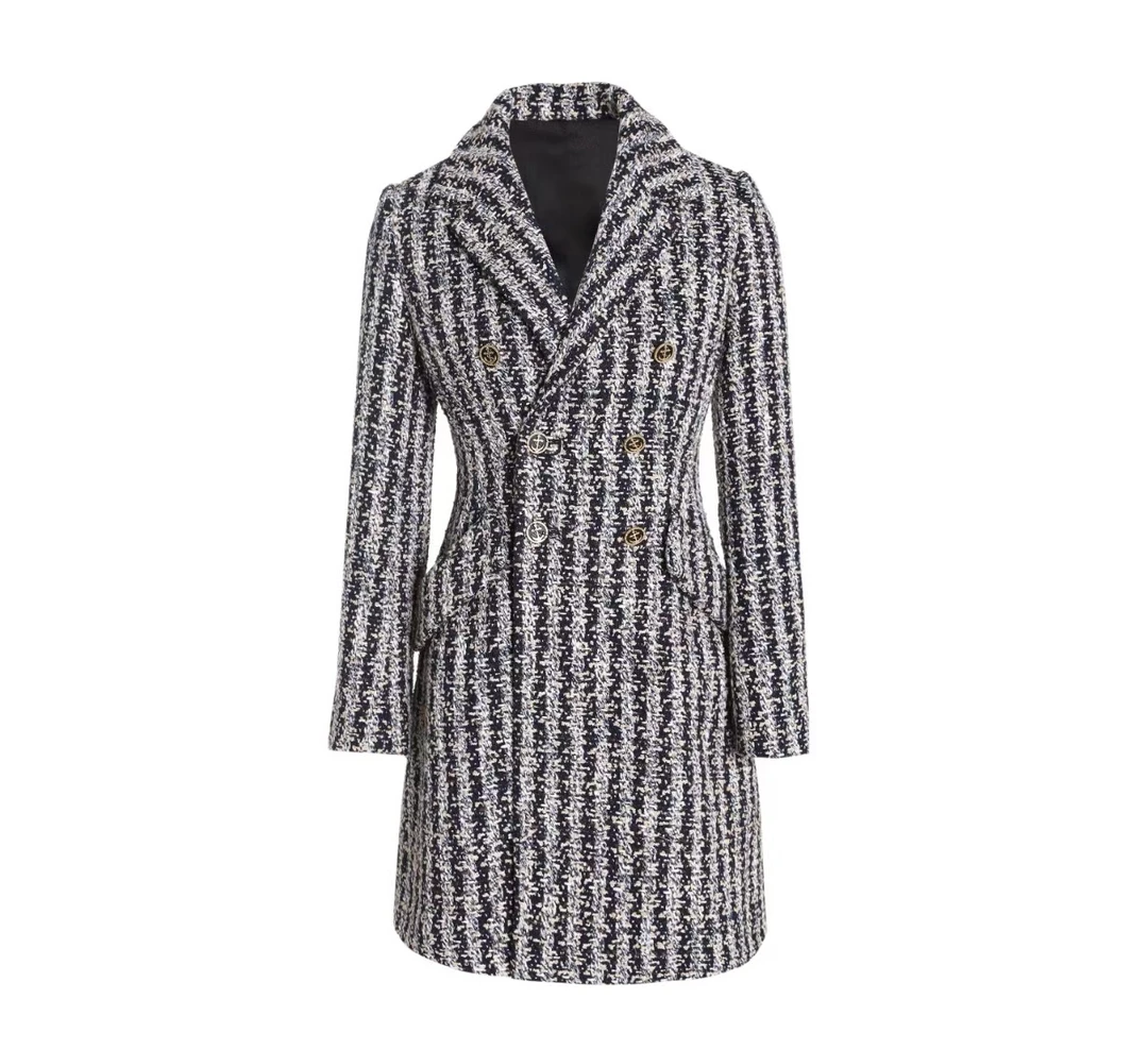 金线编织时尚格子粗毛呢气质修身大衣MEJ2312-WT111（0099）