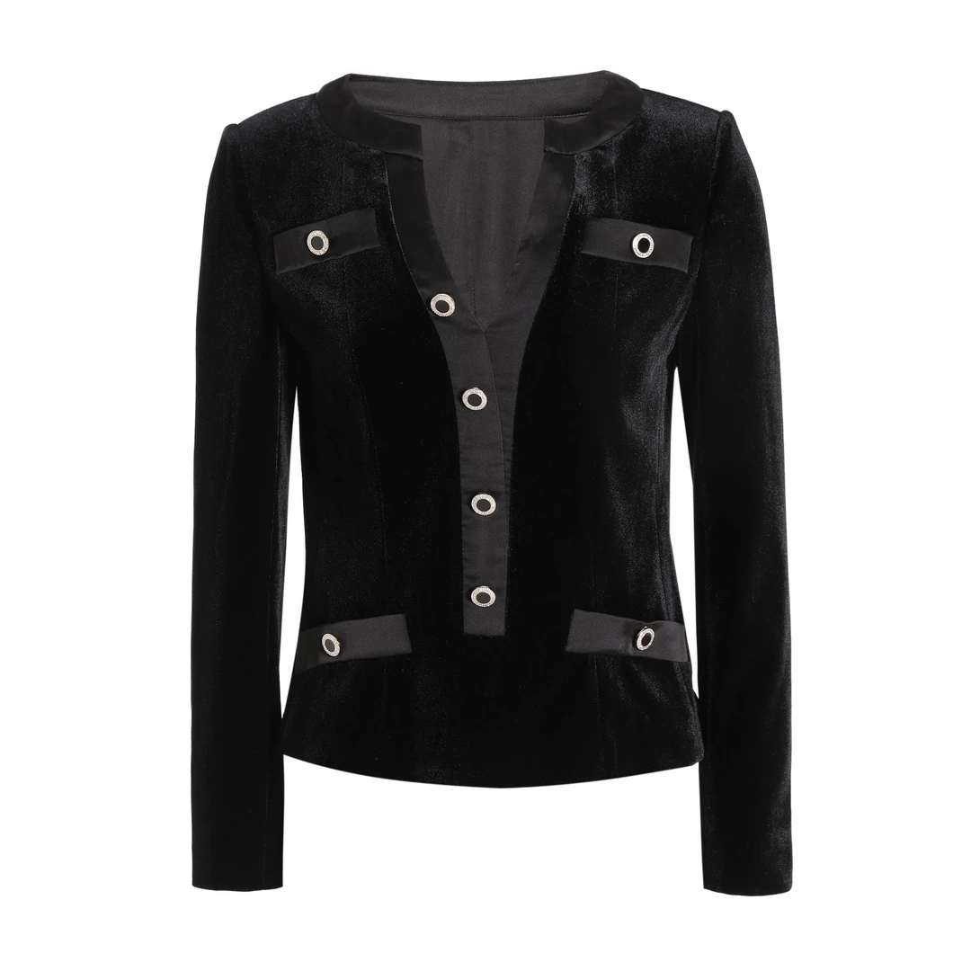 名媛千金风丝绒夹克黑色气质时尚百搭外套M2409-SY02（0018）