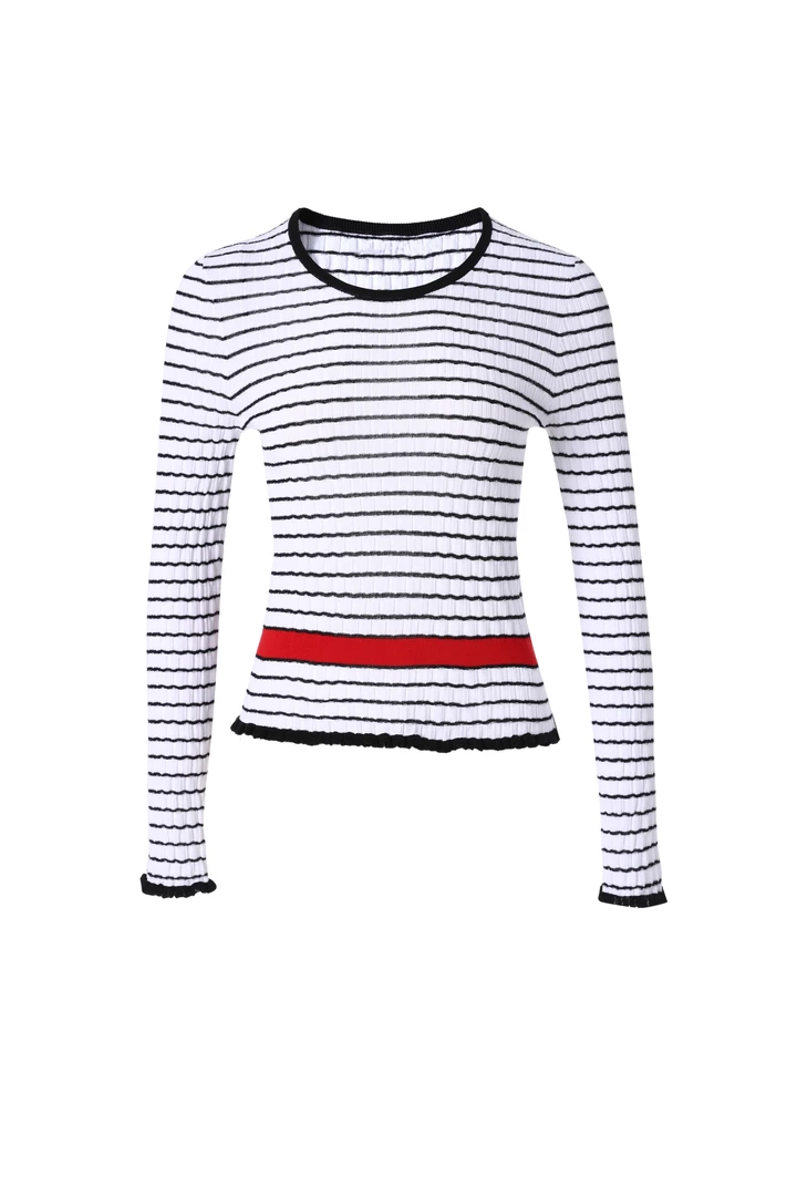 法式条纹撞色短袖针织衫女早秋减龄撞色条纹不规则螺纹上衣0026