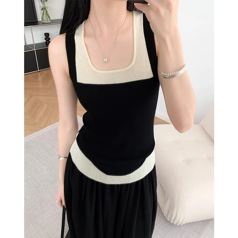 时髦简约百搭假两件拼色针织背心女春夏季新款设计感冰丝无袖上衣