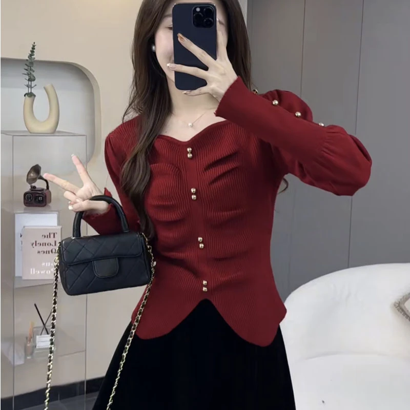 方领褶皱打底衫毛衣春秋季新款洋气高级感时尚内搭红色针织衫上衣