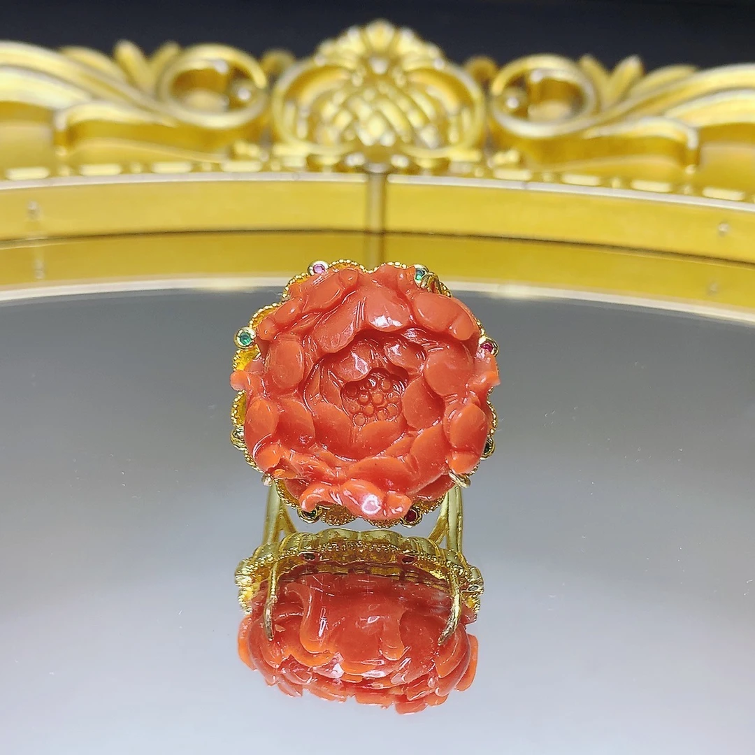 铜合金戒指 轻奢032时尚复古设计手工气质粉色牡丹花戒指小众红色