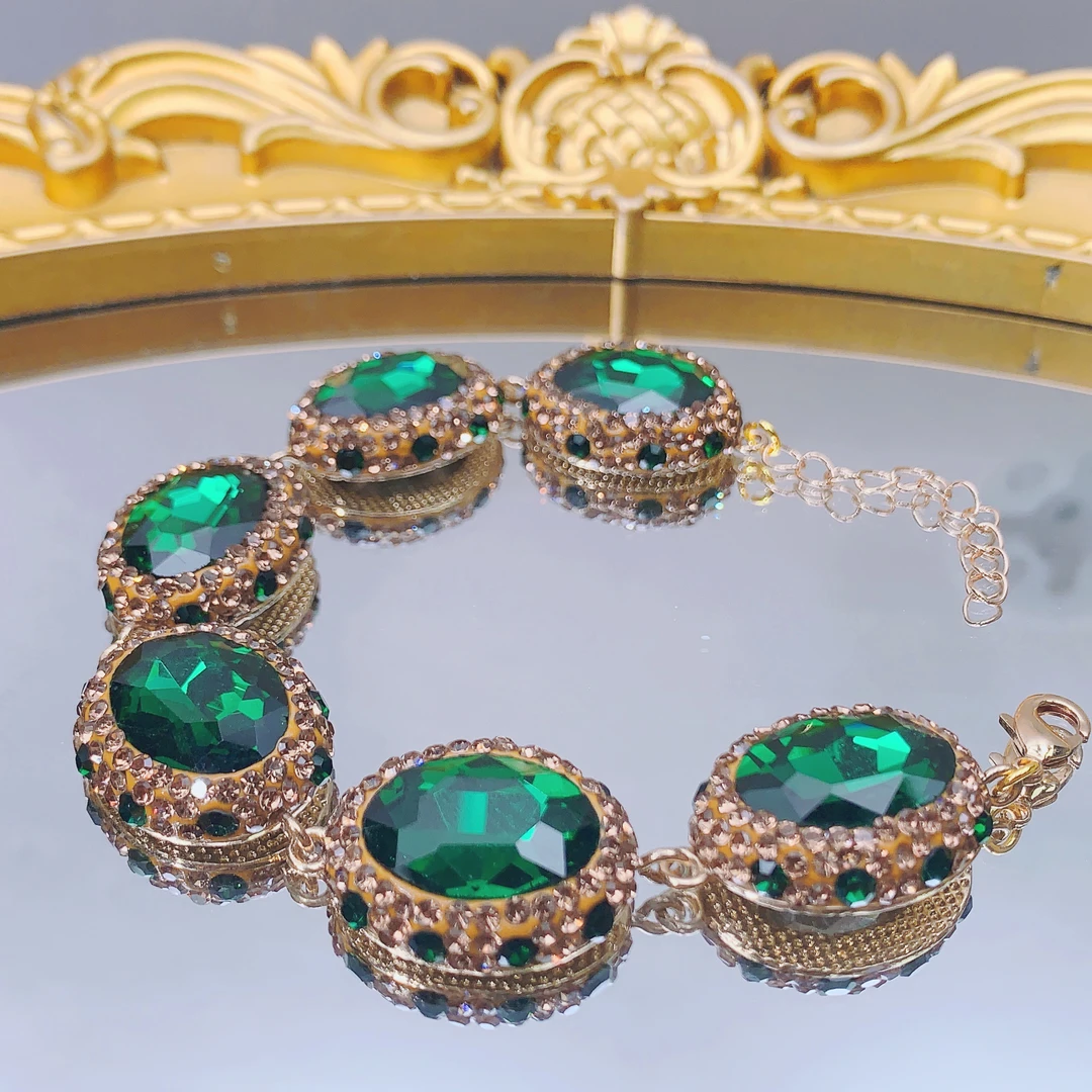 铜合金手链 首饰轻奢802法式经典气质绿色奢华手链金色