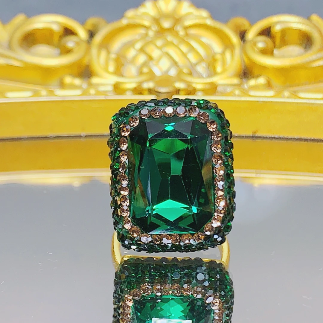 铜合金戒指 铜合金绿宝石戒指轻奢228法式经典气质绿色方形戒指