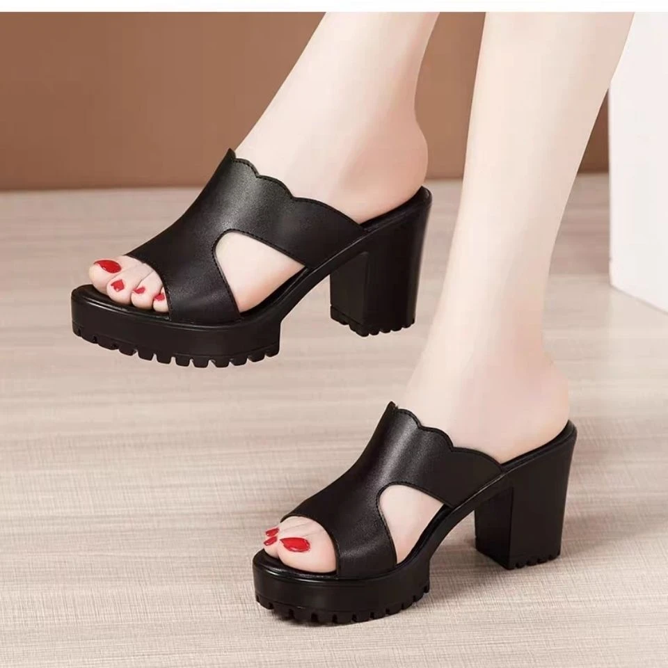 蜻蜓真软皮拖鞋女夏季外穿新款粗跟凉鞋高跟软底防滑厚底凉拖鞋女