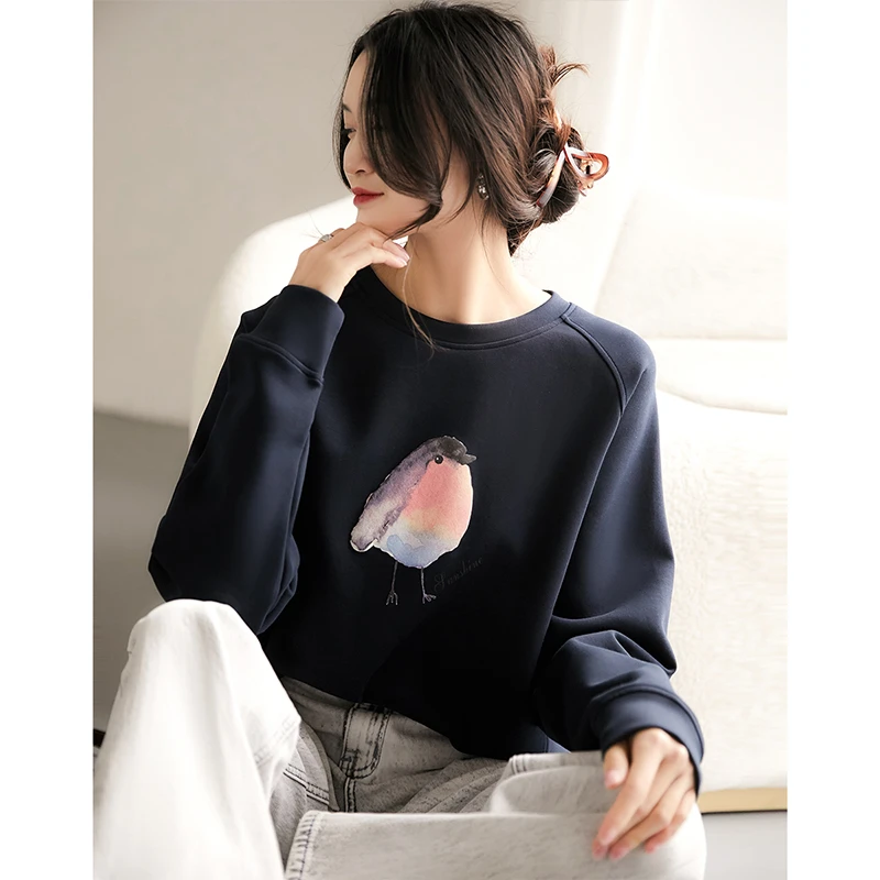 2609#S-XL可爱小鸟卫衣洋气时尚宽松圆领印花纯色上衣女2024新款