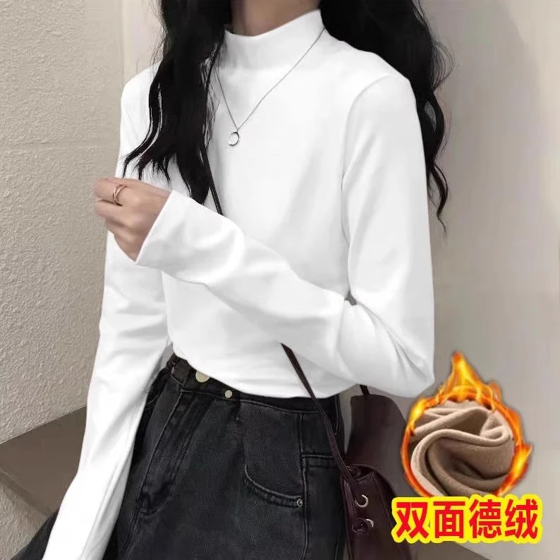 双面德绒半高领简约时尚打底衫2023款保暖上衣百搭修身长袖t恤女