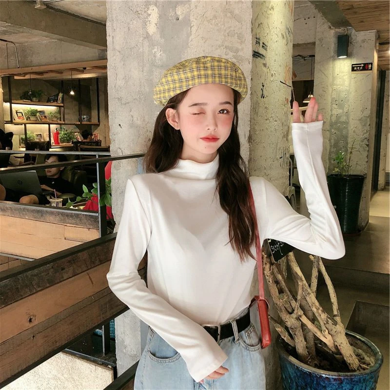 德绒打底衫女秋冬季2024韩版内搭半高领保暖上衣ins潮百搭长袖T恤