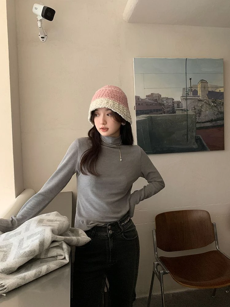 德绒磨毛半高领打底衫女修身显瘦秋冬内搭上衣加绒保暖长袖T恤潮