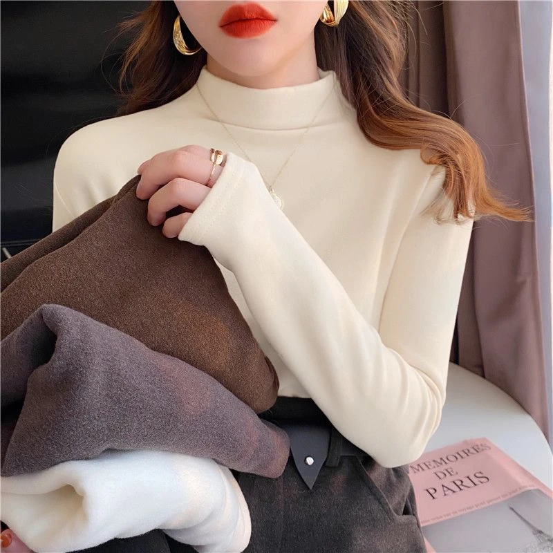 保暖德绒打底衫女半高领长袖内搭上衣秋冬时尚洋气修身t恤上衣