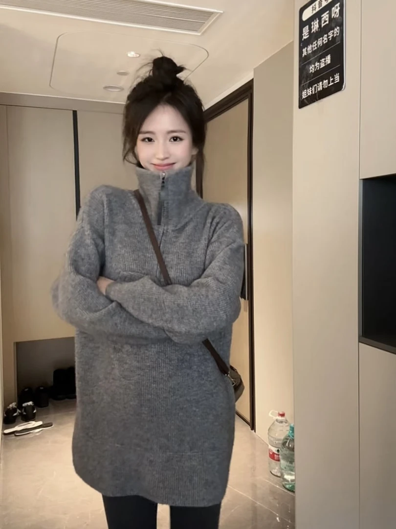 半开高领厚中长款拉链毛衣女秋冬新款韩版宽松慵懒风针织打底衫女