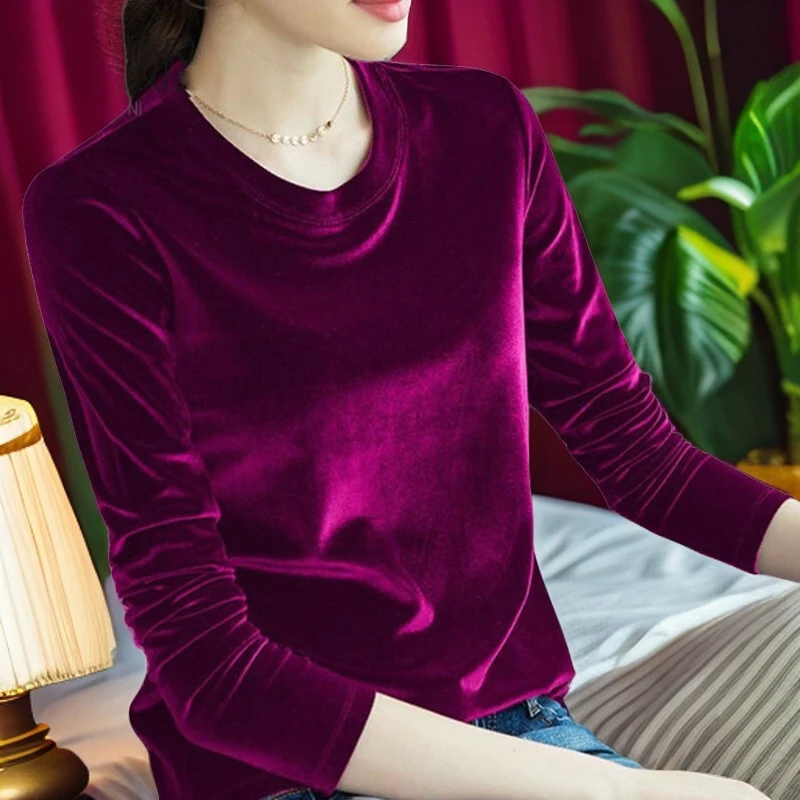 欧美金丝绒打底衫女内搭秋冬季新款大码圆领百搭修身显瘦时尚洋气