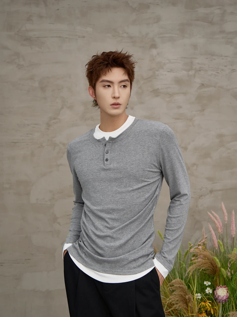 花村野羊秋季美式街头极简亨利领假两件 亲肤抽褶修身长袖上衣