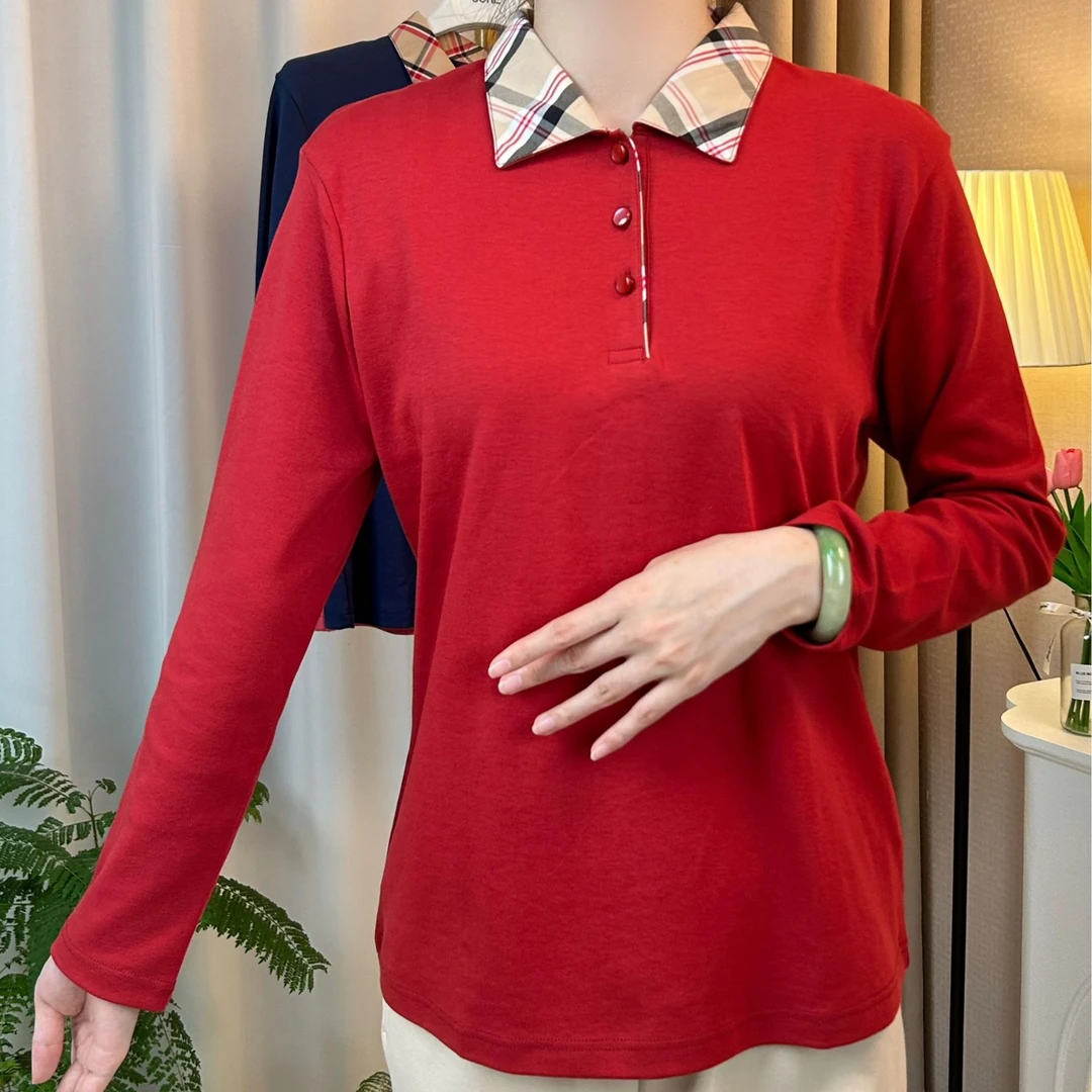 森鹅女士格子领棉长袖体T恤休闲翻领纯色4197