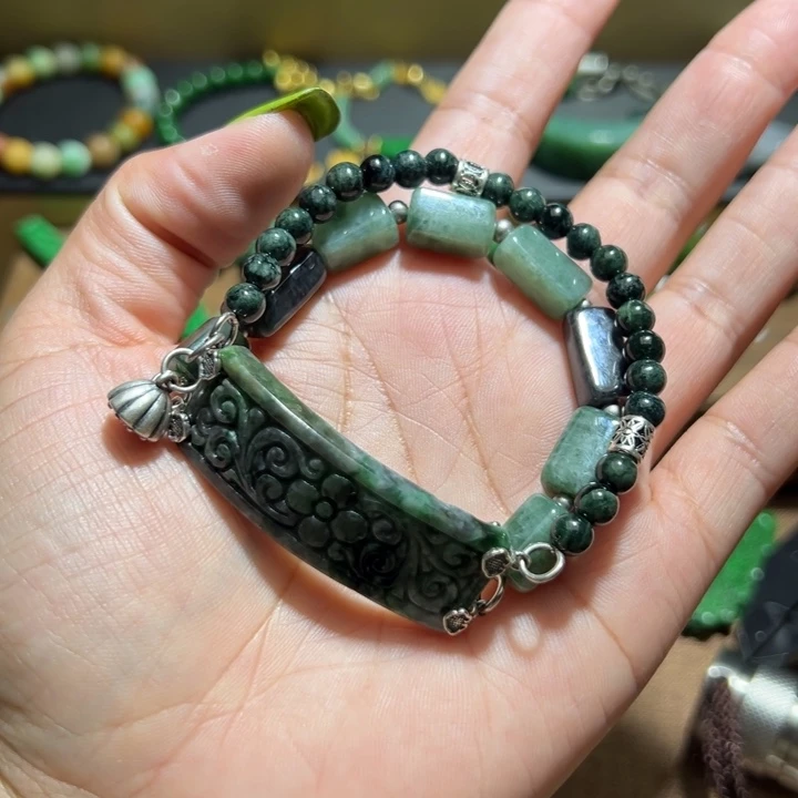 翡翠手串银S925镶嵌翡翠手串