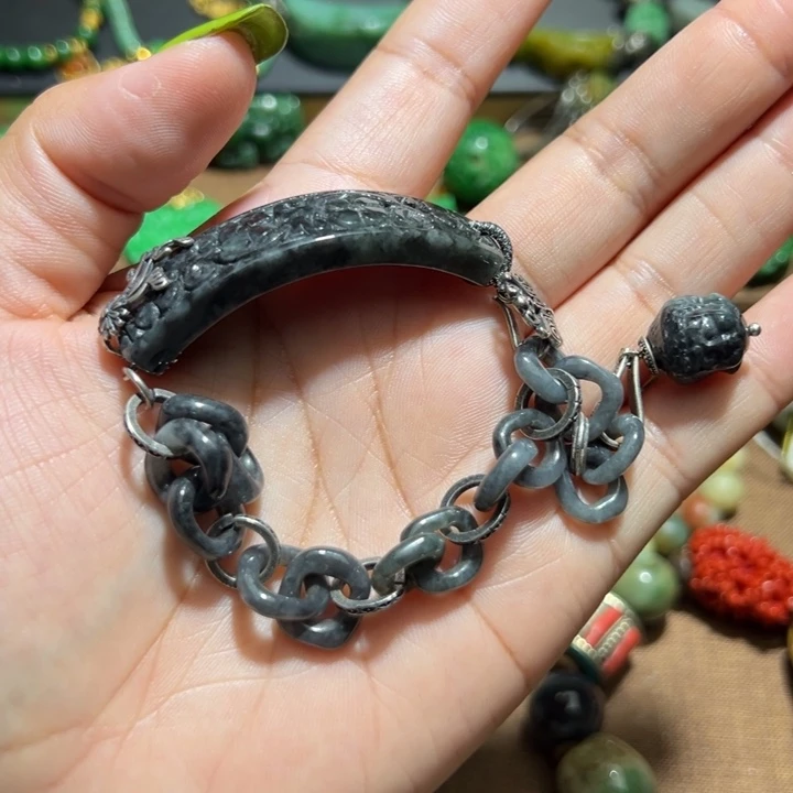 翡翠手串银S925镶嵌翡翠手串