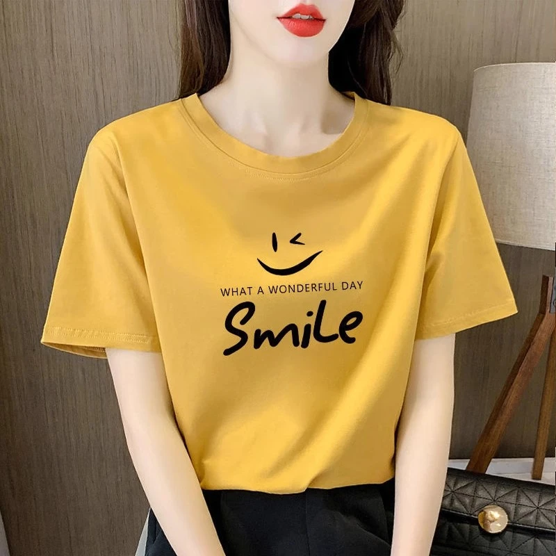 圆领短袖T恤女2024夏季新款洋气印花宽松圆领套头半袖打底衫上衣
