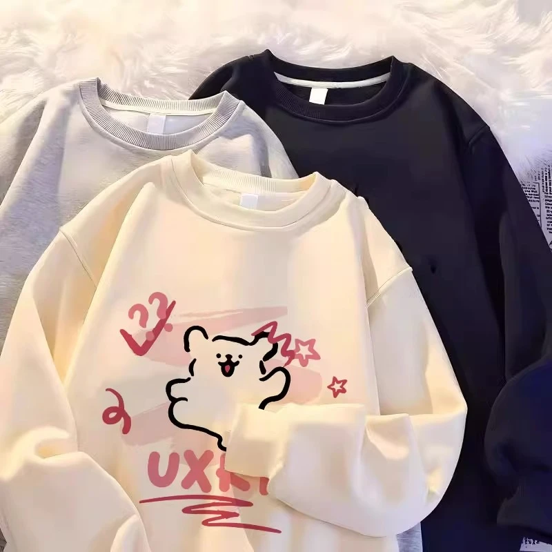 秋冬新款女童圆领卫衣洋气可爱线条小狗印花中大童加绒上衣