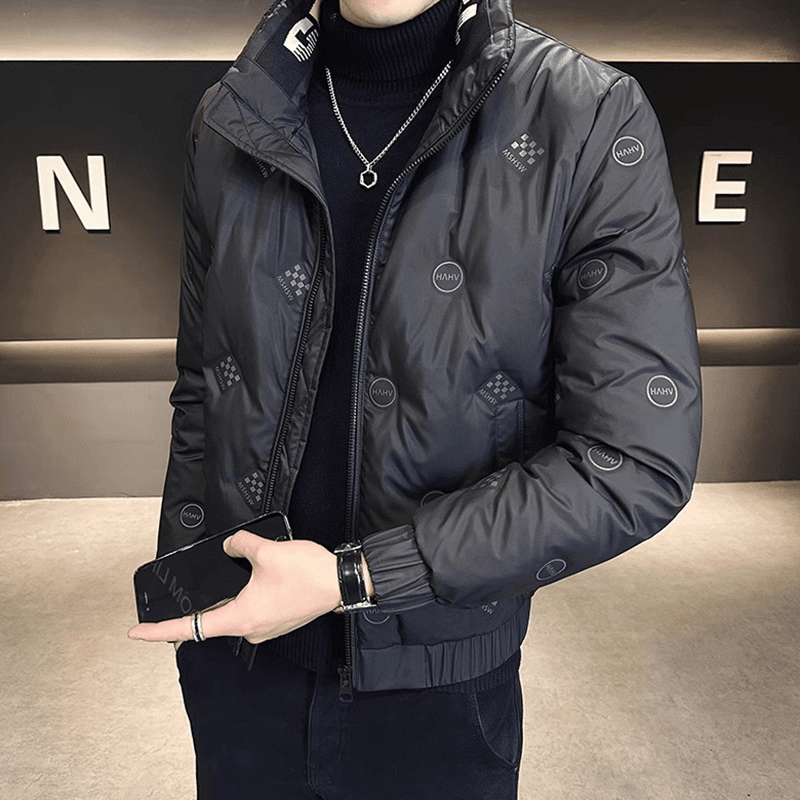 潮牌冬季外套男秋冬款男装高档印花时尚轻薄加绒加厚立领羽绒服男