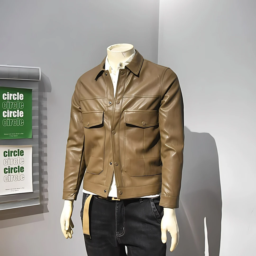 潮牌轻奢高端休闲男士外套男春秋季男装复古翻领机车夹克修身皮衣