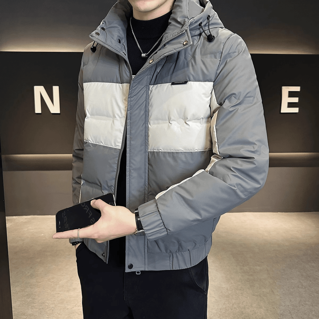 潮牌轻奢高端男士外套男秋冬款男装时尚撞色加厚保暖连帽羽绒服男