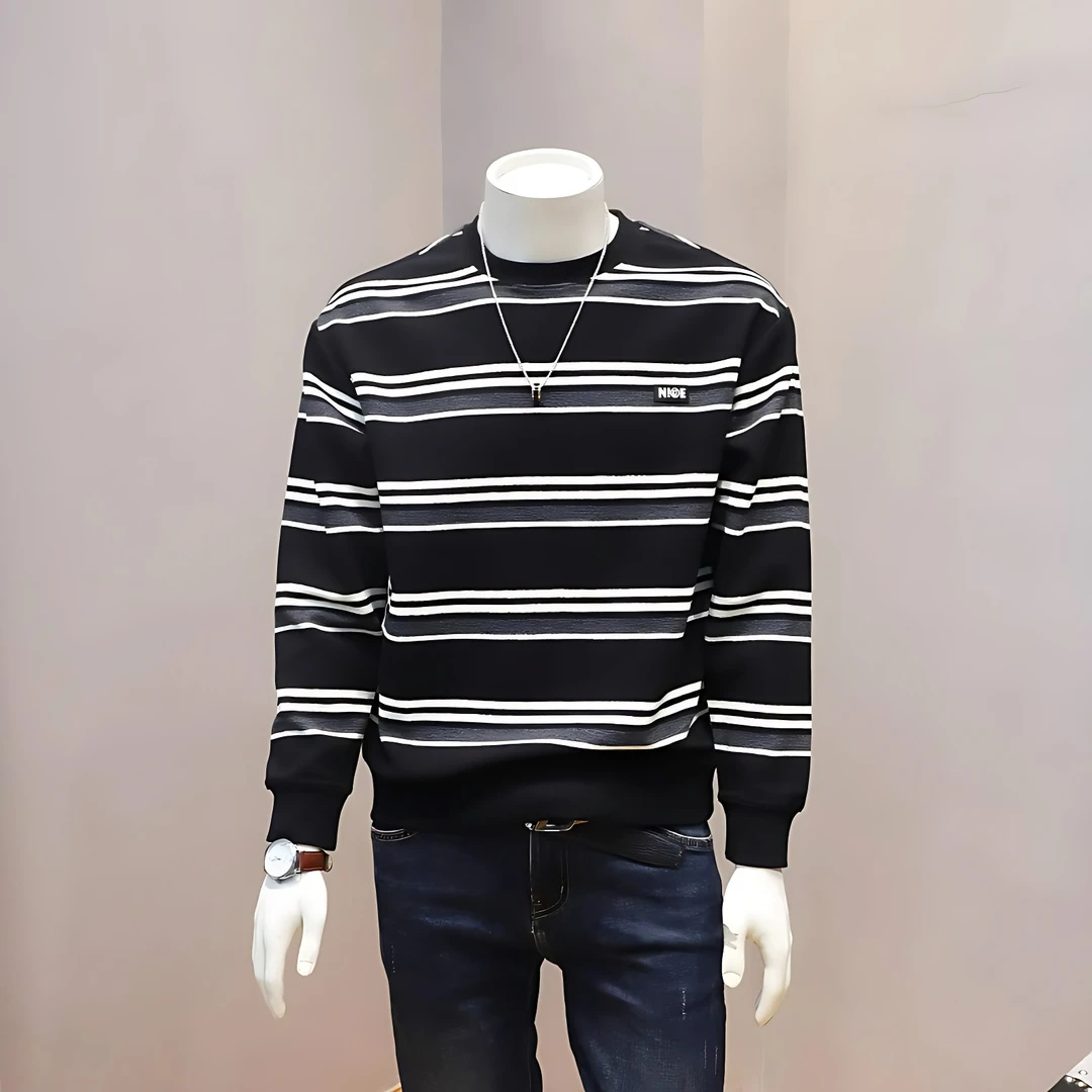 高端潮牌男装轻奢秋季男装百搭长袖t恤条纹休闲重磅卫衣男上衣服