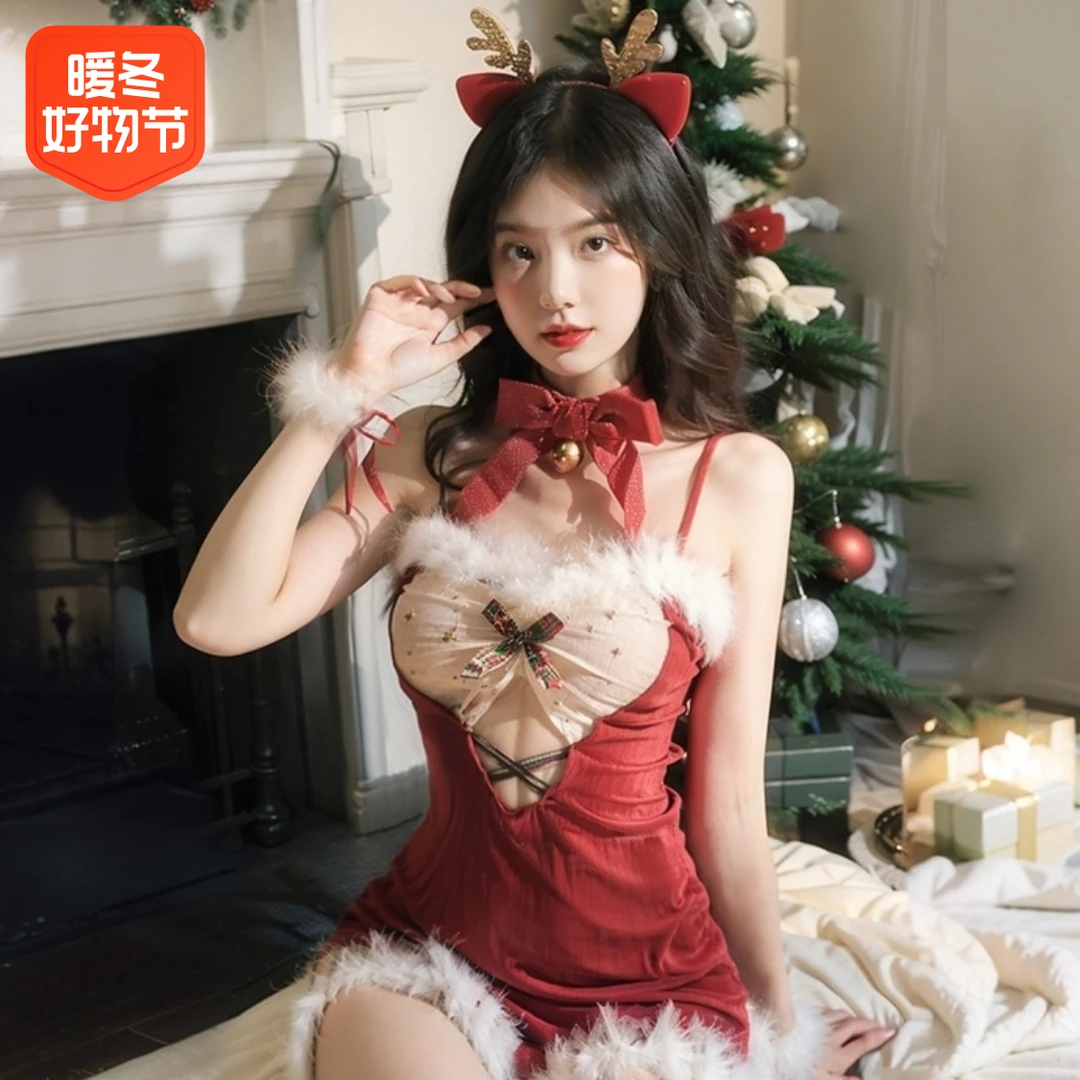 毛绒感透纱系带蕾丝圣诞套装小鹿性感可爱高级吊带开叉美背制服装