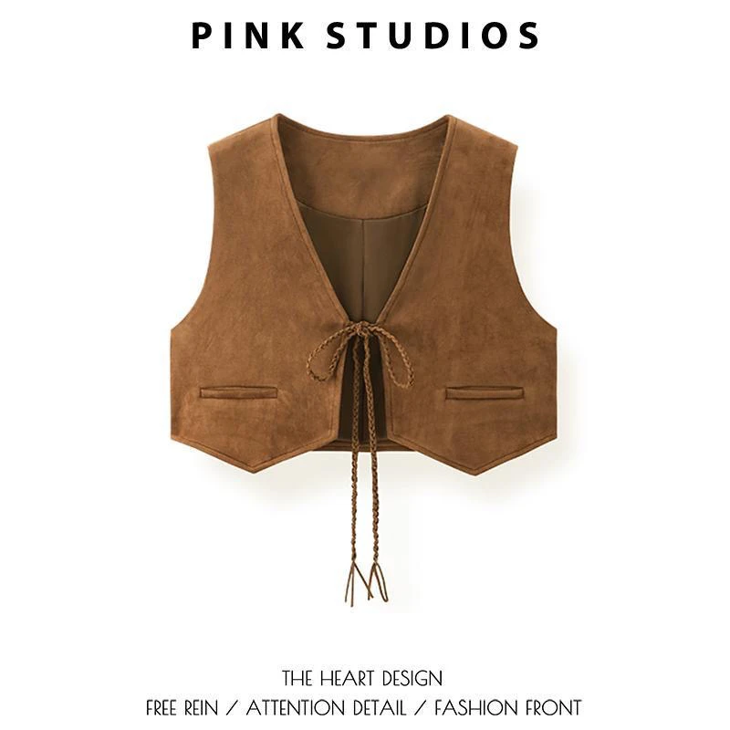 秋季美拉德风外搭短款叠穿麂皮绒开衫背心咖色复古系带v领马甲女