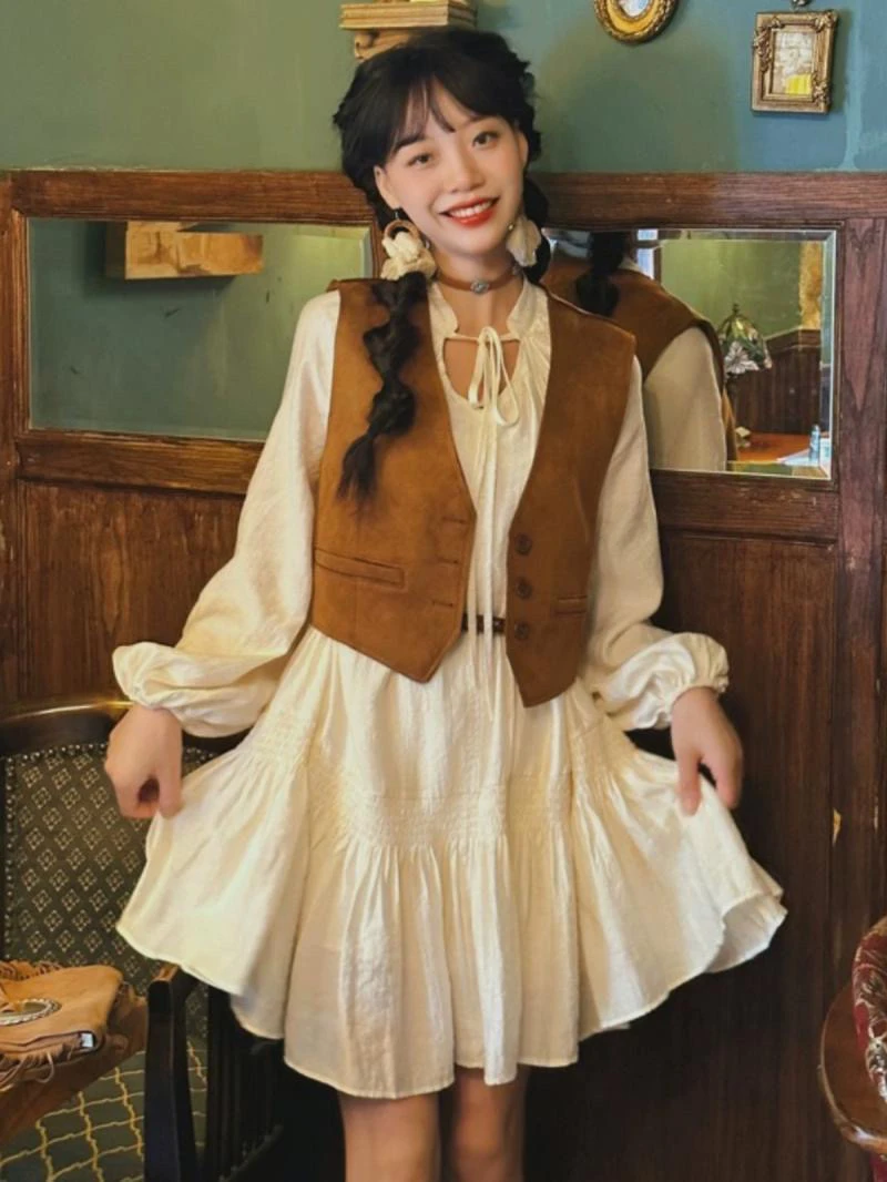 欧洲站自制麂皮绒重工马甲波西米亚风叠穿外搭复古坎肩夏季短款女