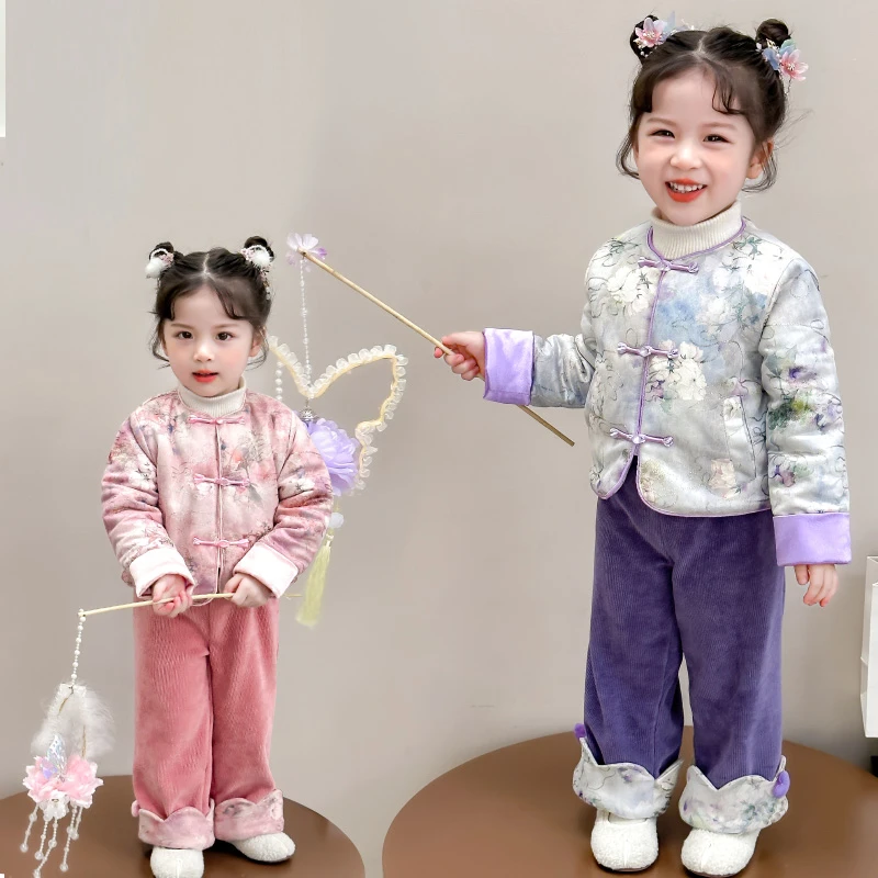 女童冬装套装2024新款儿童洋气加厚夹棉新中式国风宝宝冬季拜年服