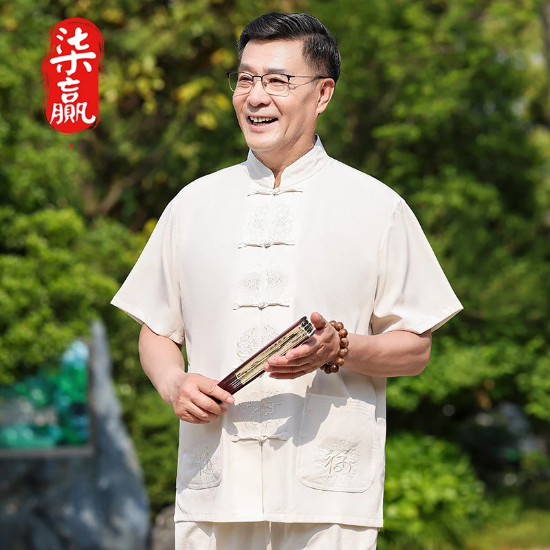 爷爷唐装夏季男中老年短袖薄款爷爷衣服夏装套装宽松休闲父亲套装