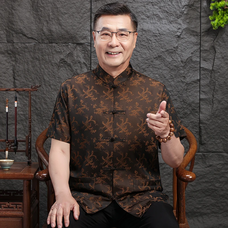 唐装男中老年短袖爸爸装中国风老年人衣服50岁60衬衫夏装套装休闲
