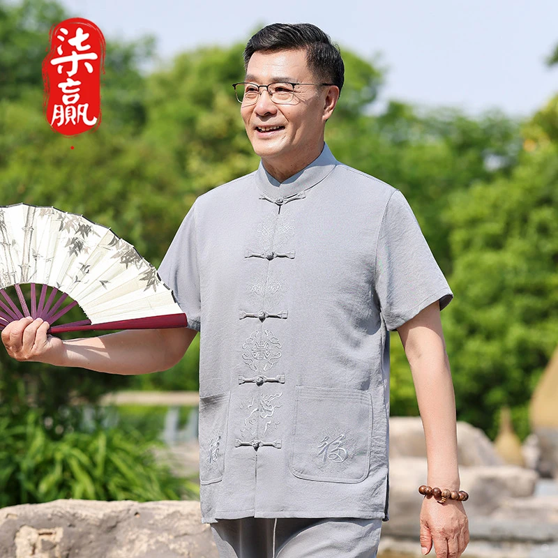 爷爷唐装夏季男中老年短袖薄款爷爷衣服夏装套装宽松休闲父亲套装
