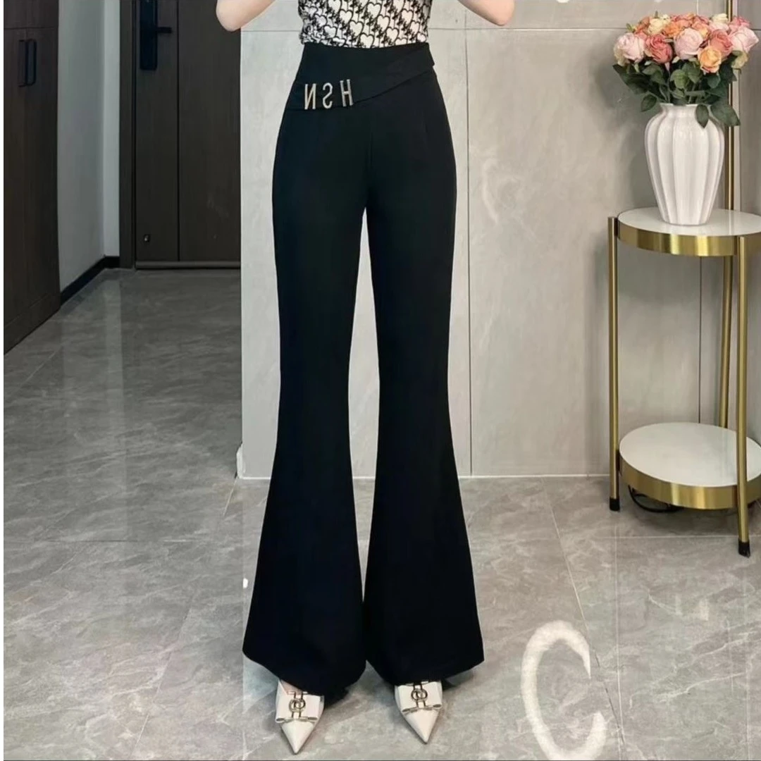 春季新款时尚百搭垂感休闲修身显瘦字母高腰微喇叭西装裤长裤女