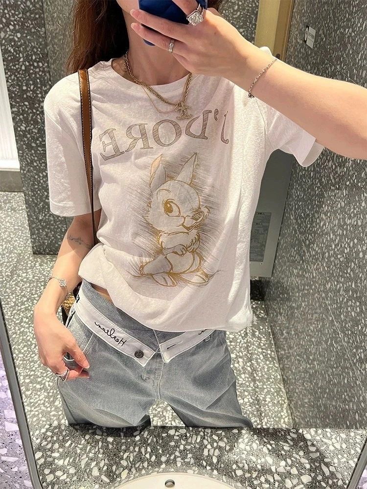 ICCLEK 小兔子印花百搭休闲圆领短袖T T恤 -2566