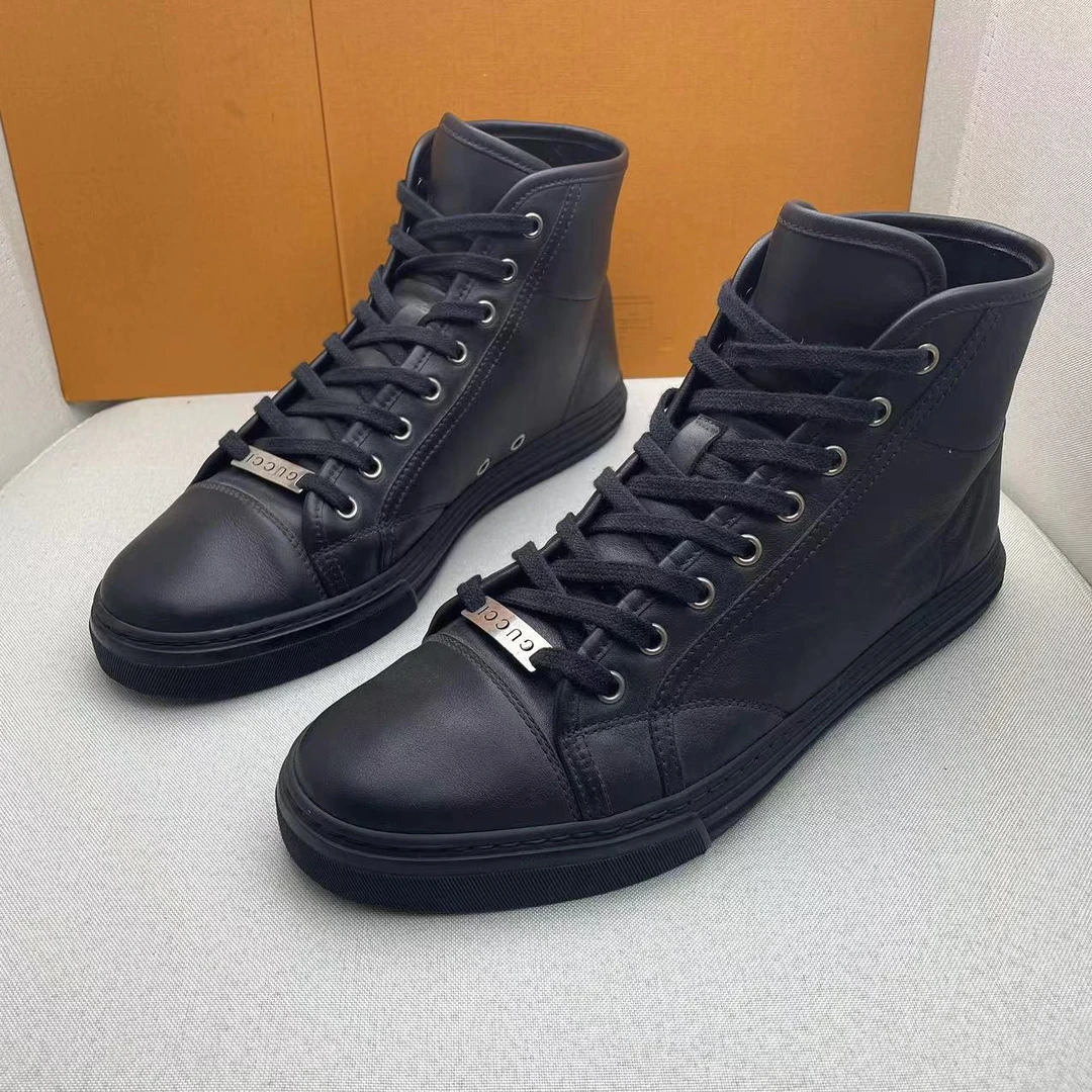 GUCCI/古驰纯黑色logo休闲百搭舒适男士经典高帮板鞋 41码/福利款