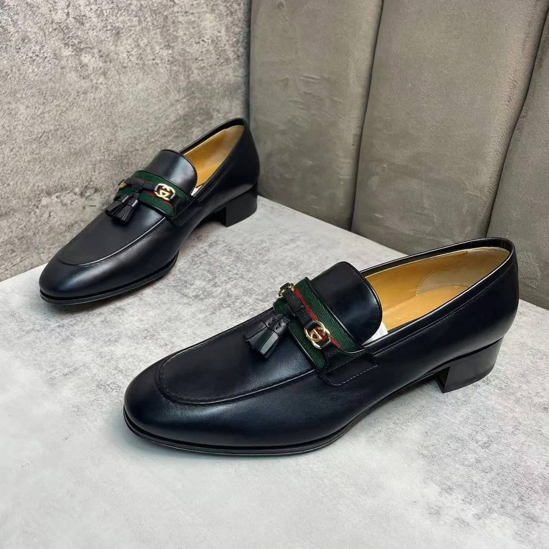 未使用 GUCCI/古驰 黑色小流苏百搭圆头低跟休闲皮鞋/多尺码