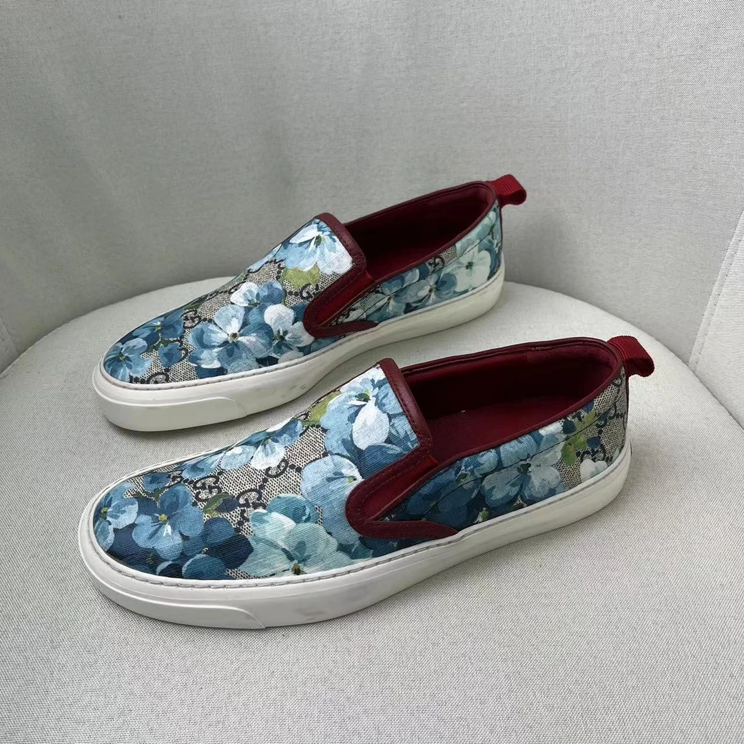95新 GUCCI/古驰 蓝色帆布花卉印花满印时尚百搭低帮一脚蹬 38欧
