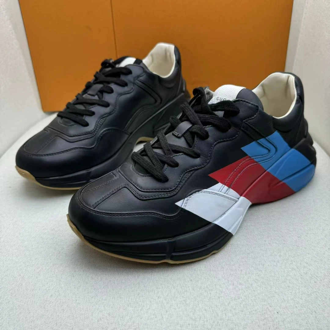 全新未使用 GUCCI/古驰 黑色侧翼男士百搭休闲三彩老爹鞋42欧码